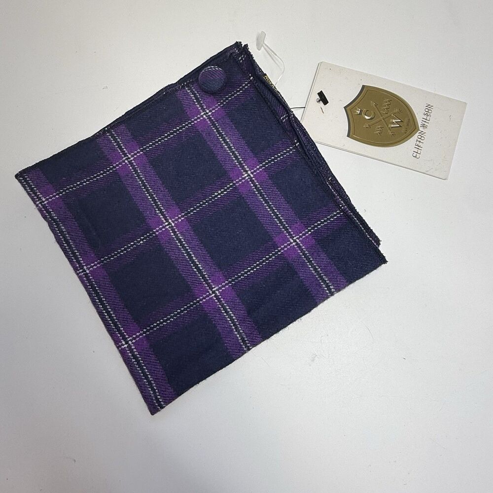 Clifton Wilson Purple Blue Plaid 100% Cotton Pocket Square With Button New
